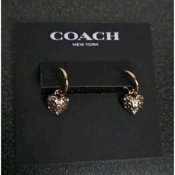 NWT Coach Signature Quilted Heart Huggie Earrings Gold Tone Stud - Picture 2 of 5